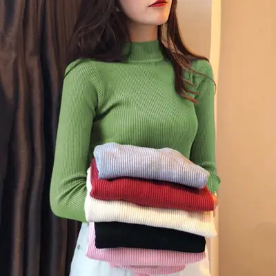 Women Long Sleeve Knitted Turtleneck Top with Slim Fit Pants