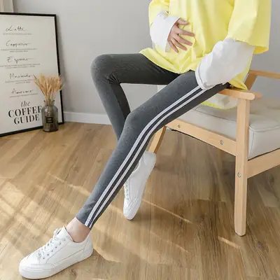 2023 Pregnant Women Grey Leggings Set with White Stripes