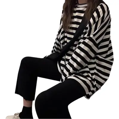 Women Long Sleeve Black White Striped T-Shirt Autumn