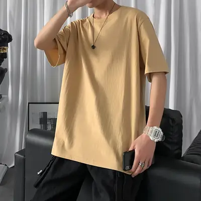 Men White Loose Cotton T-Shirt Short Sleeve V-Neck