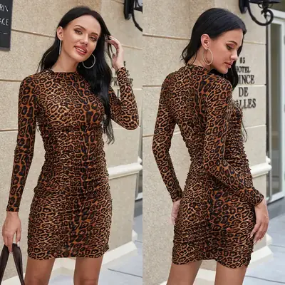 Long Sleeve Leopard Print Smocked Hip Skirt Dress