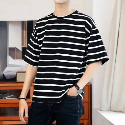 Men Striped Cotton T-Shirt 2020 Summer Loose Fit