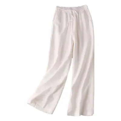 Women's White Elastic Waist Wide Leg Pants Casual Summer