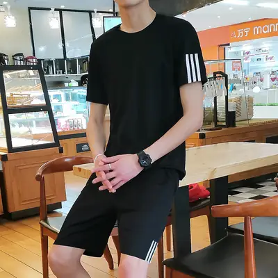 Men Black Sportswear Set Large Quick-Drying T-Shirt Shorts