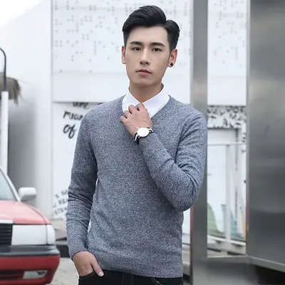 Men V-neck Knit V-Neck Sweater Grey Slim Fit