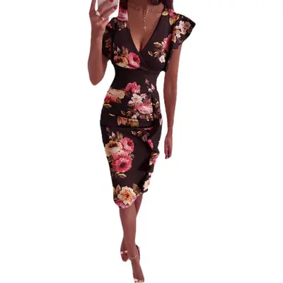 2025 Hot Summer V Neck Slim Waist Smocked Ruffled Hip Dress