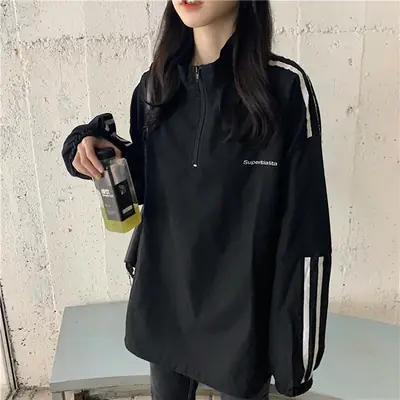 Women Cotton Zip Sweatshirt Black Striped College Style