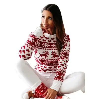 2024 Knitted Wool Sweater Red White Elk Pattern Women
