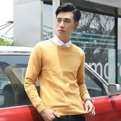 Men Round Neck Pullover Sweater Yellow Winter Casual Business Wear