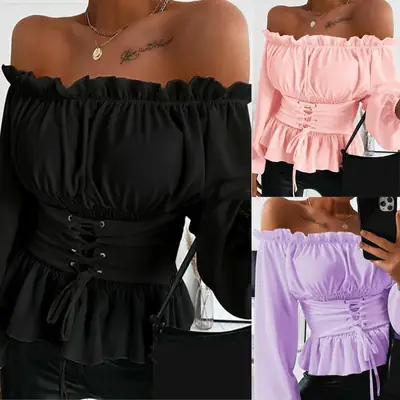 2024 Off-Shoulder Ruffled Women's Long Sleeve Shirt Black