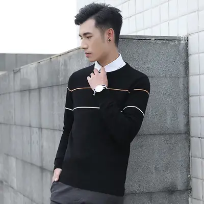 Men Grey Stripe Knitted Crewneck Turtleneck Sweater
