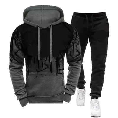2020 New Men's Hooded Splash Ink Printed Fashion Trendy Sweat Long Sleeve Fleece Hooded Sports Sweat Set