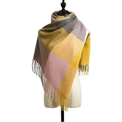 Women's Plaid Cashmere Scarf Red Grey Tassels