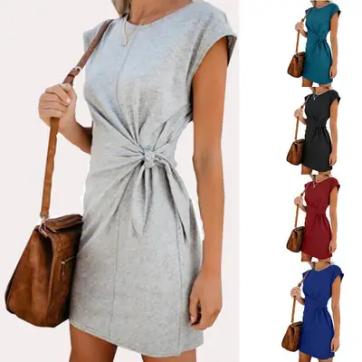 Women's Teal Cross-Twisted Crew Neck Dress