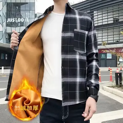 Men Plaid Long Sleeve Coat Velvet Padded Autumn Wear