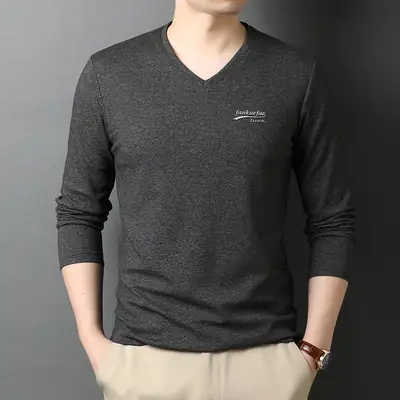 Men V-neck Long Sleeve T-Shirt Grey Korean Base