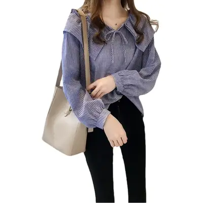 Women Striped Collar Shirt Blue Long Sleeve Plus Size