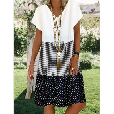 2023 Summer V Neck Printed Dress for Women Yellow White