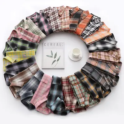 Women Plaid Long Sleeve Shirt Black White Retro Hong Kong Style