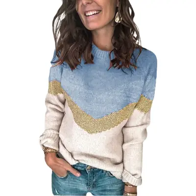 Women's Knitted Pullover Sweater Grey Beige Gold Embroidery Round Neck