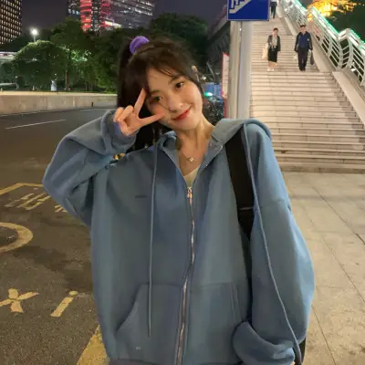 Thin Korean Style Blue Zipper Coat Women's 2023