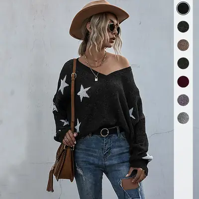 Women's Grey Star Tassel Knit Sweater V-Neck