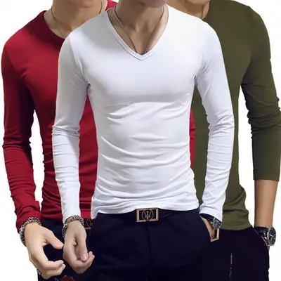 Men's Olive Green Long Sleeve T-Shirt Crew Neck Slim Fit