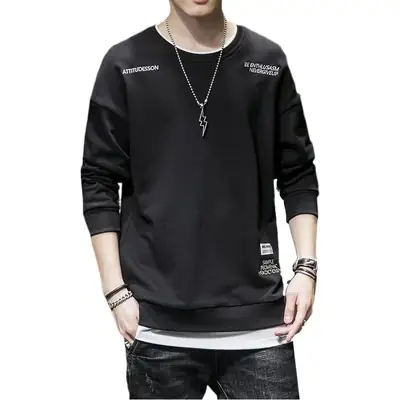 Men Korean Style Black Sweatshirt Loose Fit Round Neck