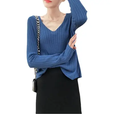 Women V-Neck Knit Shirt Set Autumn Winter Slim Fit