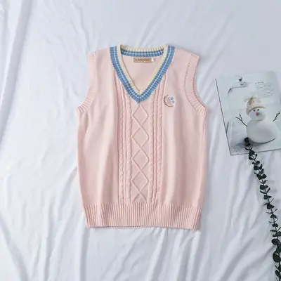 Japanese Style Soft Pink Embroidered Sleeveless Sweater Vest