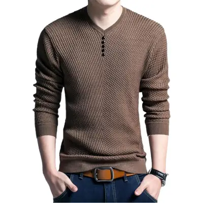 Men Wool V-Neck Sweater Navy Blue Long Sleeve
