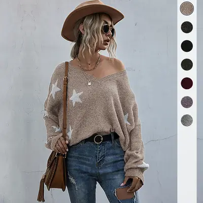 Star Pattern V-Neck Knit Sweater for Women