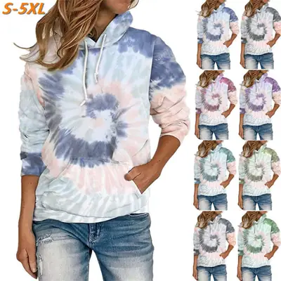 Women Tie-Dye Hooded Sweatshirt Green Pink White