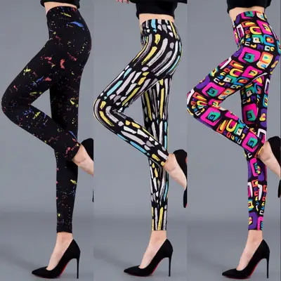 Women's Blue Floral Silk Leggings Spring Autumn Slim Fit