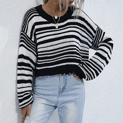 Long Sleeve Striped Knit Sweater Black White