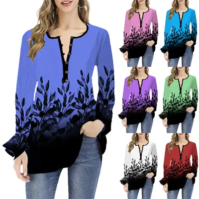 2023 Women's Printed Open Collar Long Sleeve T-Shirt White Black