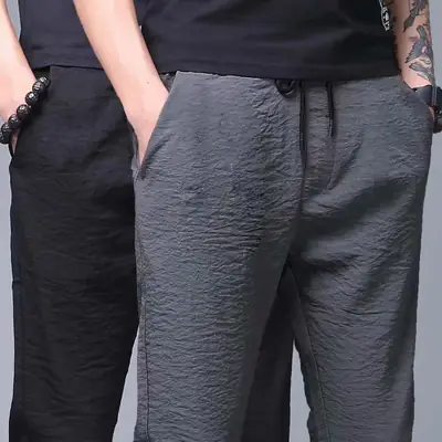 Men's Black Ice Silk Slim Fit Pants Summer Loose Large