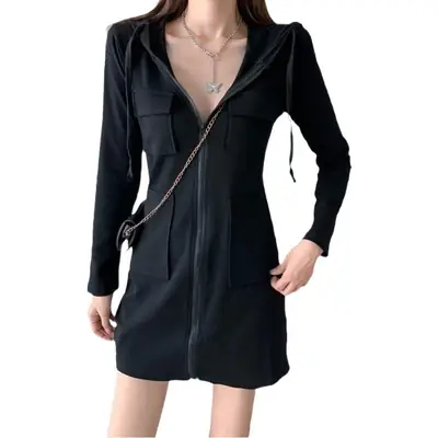 Korean Style Grey Hooded Zipper Dress for Women