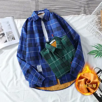Men Plaid Fleece Lined Long Sleeve Shirt Jacket Set