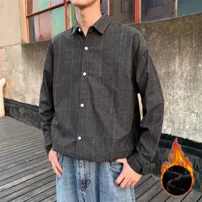 Men's Black Plaid Long Sleeve Shirt with Velvet Inner