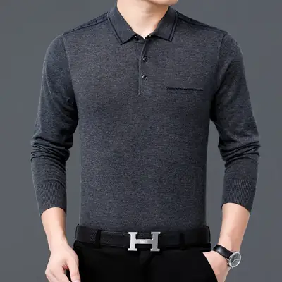 Men's Blue Knitted Long Sleeve Polo Shirt with Belt