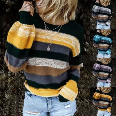 2021 Women Knitted Stripe Sweater Brown