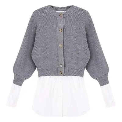 Grey Knitted Cardigan Coat with White Bottom for Women