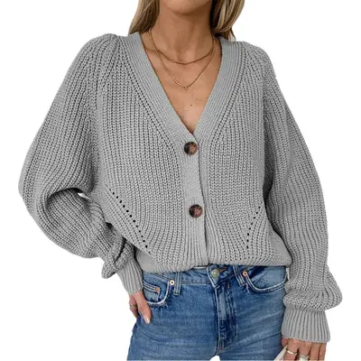 Women's Grey Button Knit Cardigan Jacket 2025