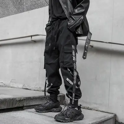 Men's Black Strap Overalls Korean Hiphop Pants Loose Fit