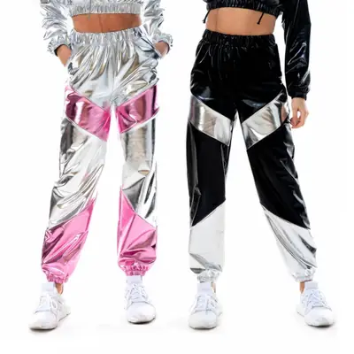 Women's Silver Blue Laser Pocket Pants Patent Waistband