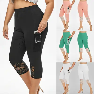 Women's Black Lace Cropped Yoga Pants Slim Fit Sports Leggings