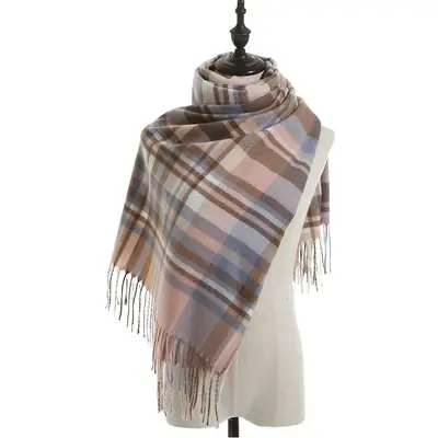 Women's Knitted Plaid Shawl Pink Grey Winter Warm
