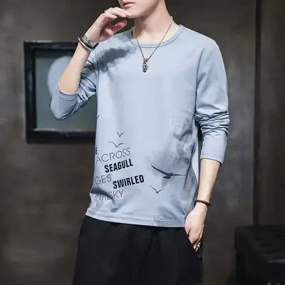 Men Long Sleeve T-Shirt Grey Loose Teenager Style