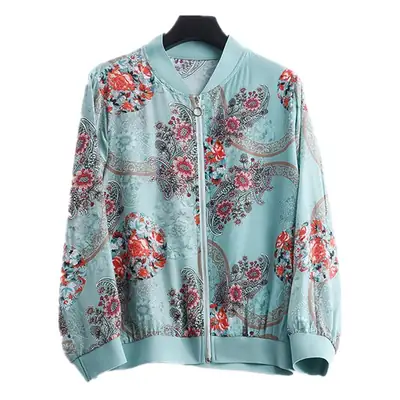Women Floral Chiffon Jacket Light Blue Long Sleeve Summer Wear